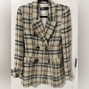 ZARA Blogger Fave Plaid Wool Blend Double Breasted Blazer XS
